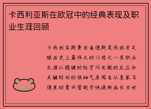 卡西利亚斯在欧冠中的经典表现及职业生涯回顾